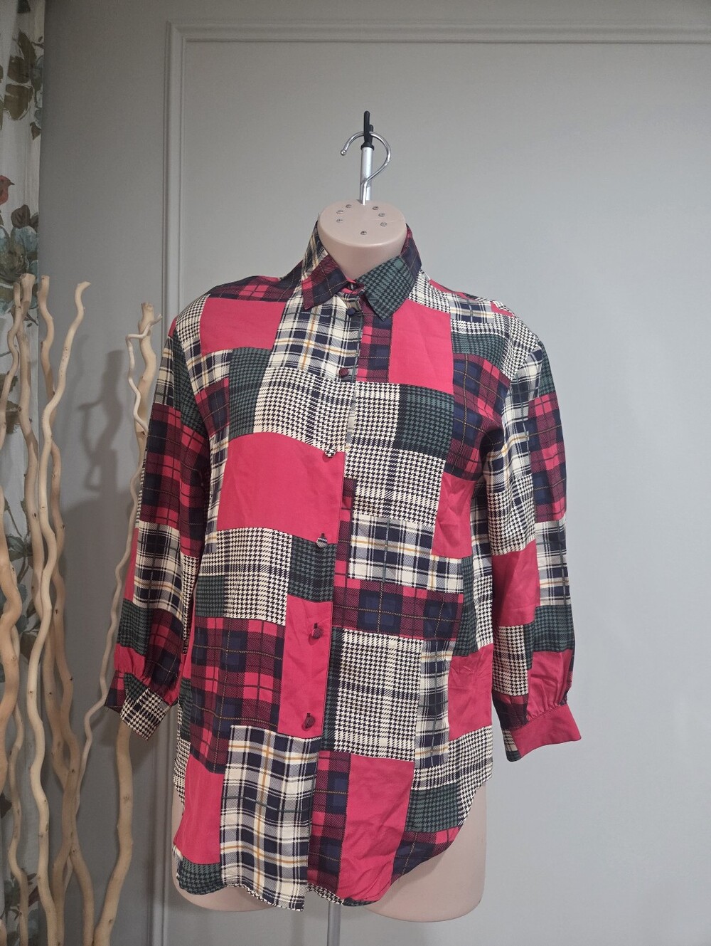 Ishyu Women's Patchwork Plaid Button-Up Blouse 100%silk Sz.8